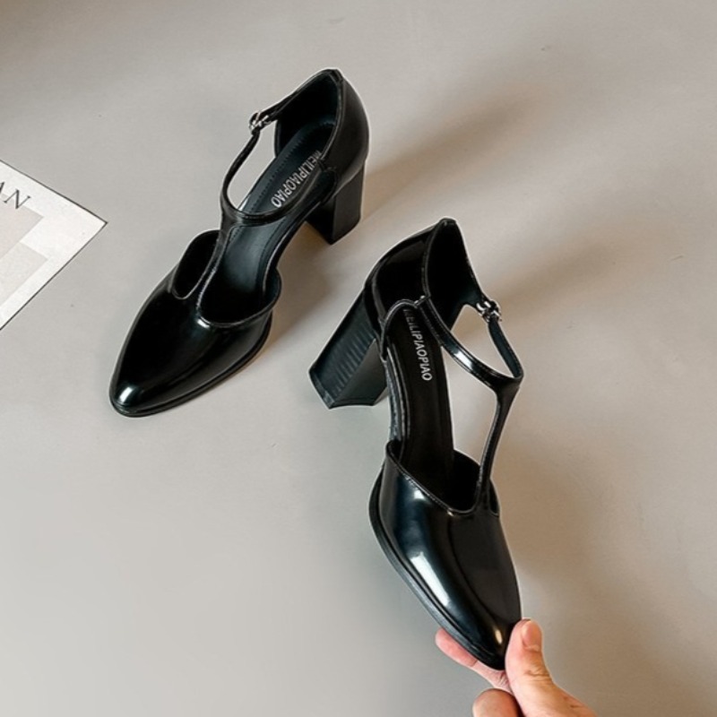 Leather Classic Strap - Mary Jane Shoes Black High Heeled