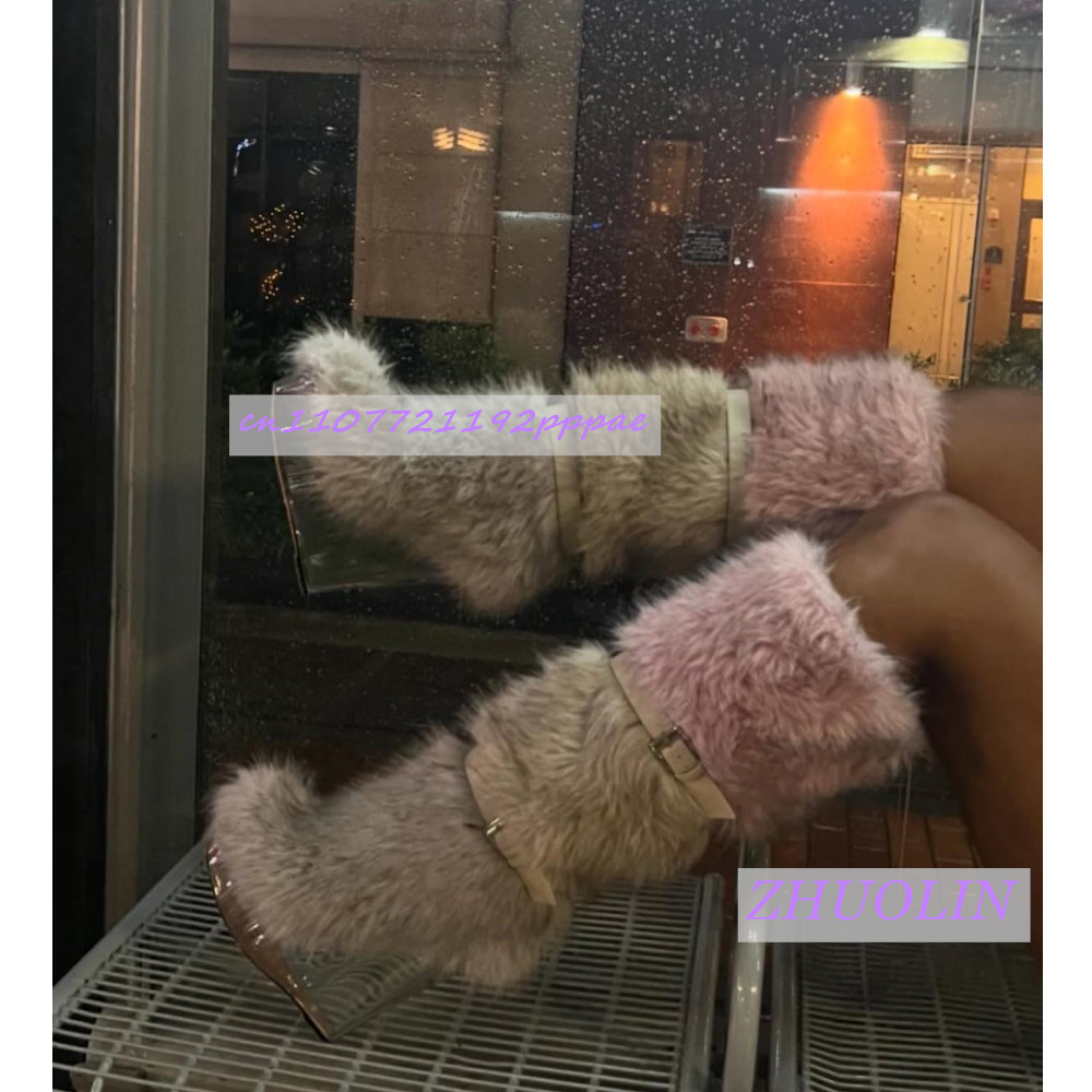 Leather Classic Strap - Winter Gradient Furry Transparent Wedge Boots