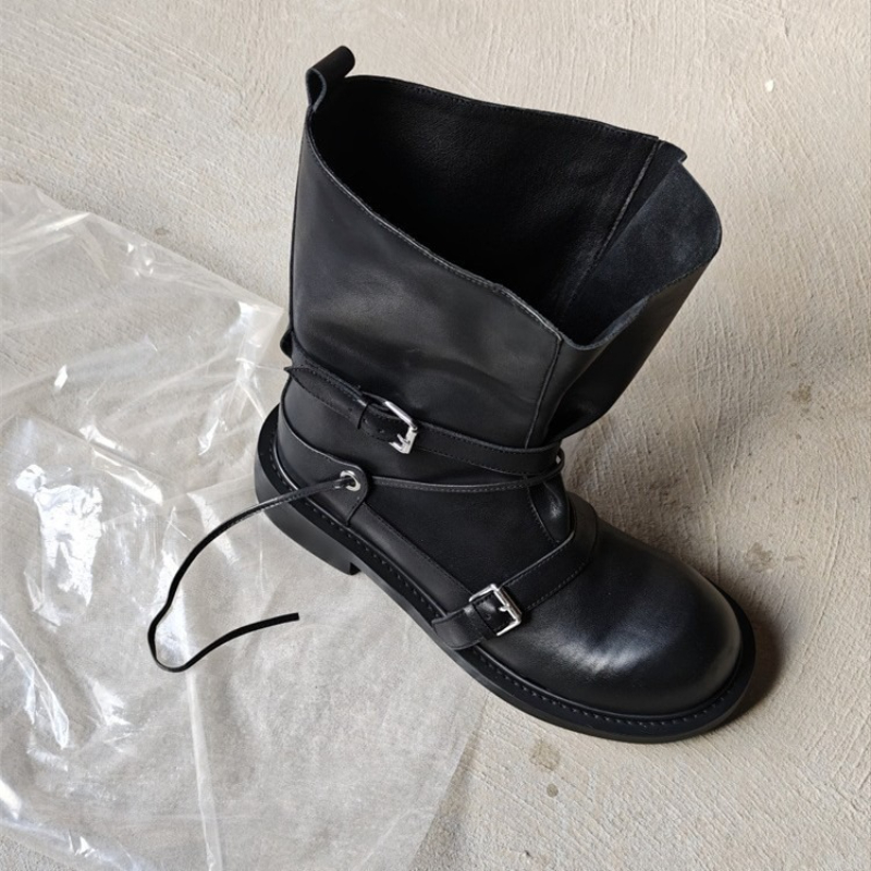 Leather Classic Strap - Retro Buckle Mid Calf Boots Women